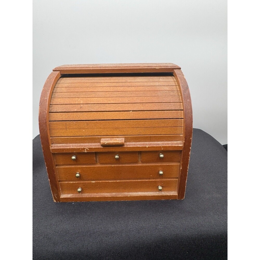 Vintage Wood Roll Top Desk Recipe Box Kitchen Decor With Original Cards!